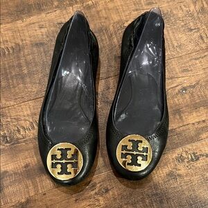 Tory Burch Black Flats with Gold Emblem